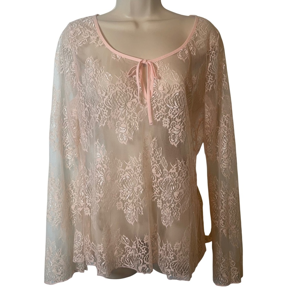 Moda‎ International Pink Lace Top Size Large Sheer Floral Coquette Balletcore